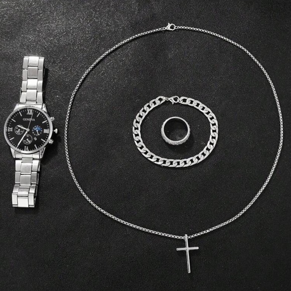 4pcs Men\'s Set:Quartz Watch Silvery Cross Pendant Necklace, Ring & Bracelet